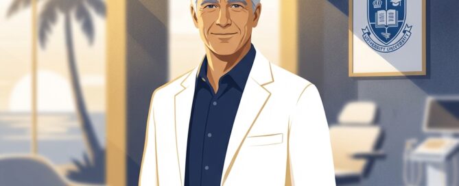 Michigan-trained hair loss treatment surgeon standing confidently in a modern Florida medical office with warm natural light