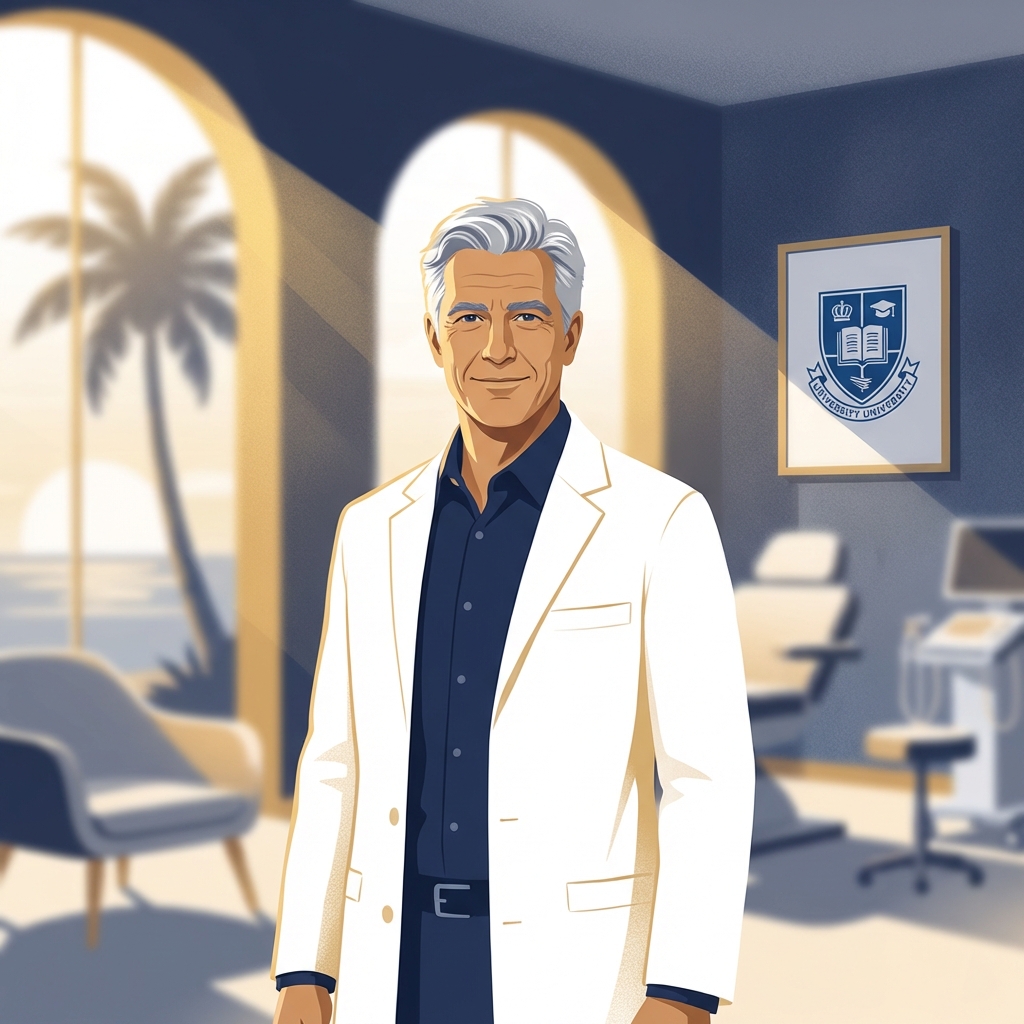 Michigan-trained hair loss treatment surgeon standing confidently in a modern Florida medical office with warm natural light