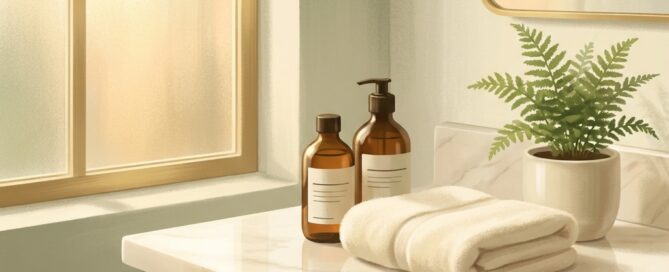 Calm bathroom countertop with gentle shampoo bottles and soft towel, representing hair transplant post operative washing instructions