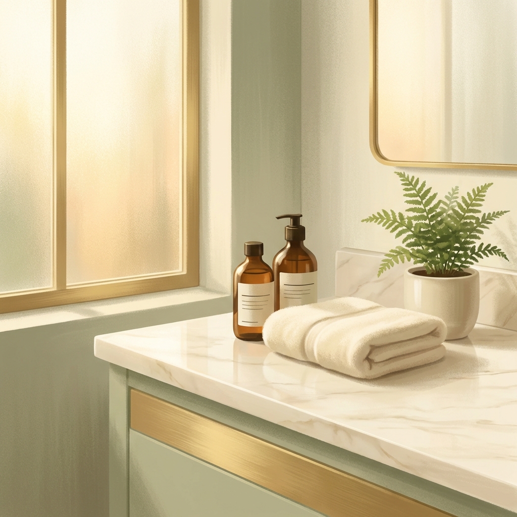 Calm bathroom countertop with gentle shampoo bottles and soft towel, representing hair transplant post operative washing instructions