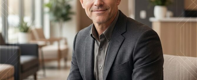 Confident man with precise buzz-cut hairstyle representing male scalp micropigmentation results at a modern clinic