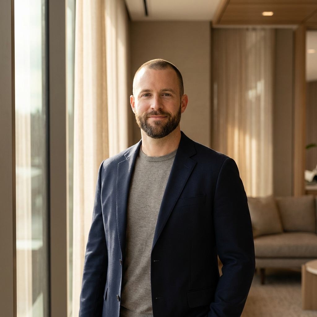 Confident man with close-cropped hair in modern clinic — scalp micropigmentation what is it explained