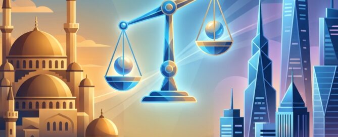 Conceptual illustration of a balance scale between Turkish and American cityscapes representing hair transplant Turkey versus United States quality comparison