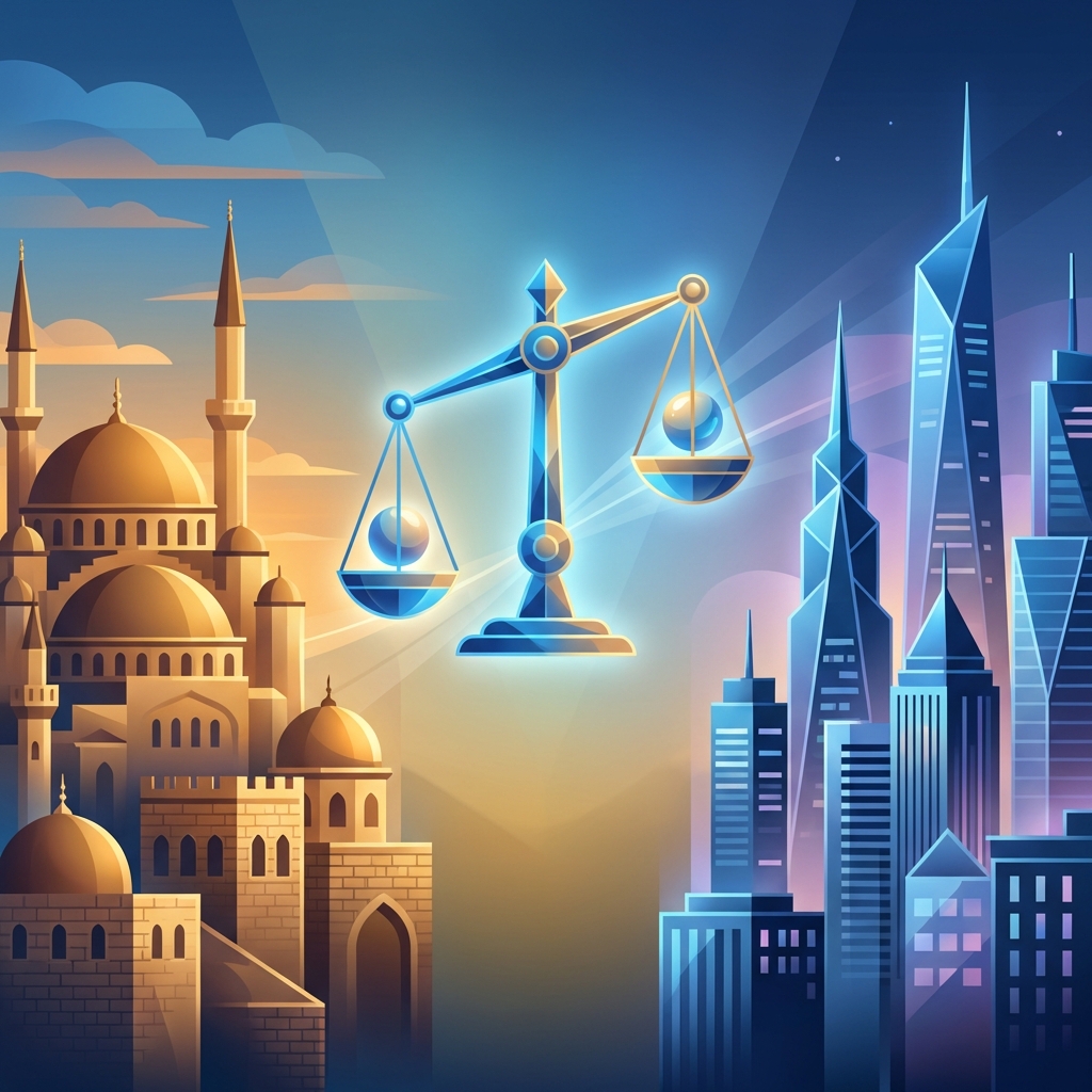 Conceptual illustration of a balance scale between Turkish and American cityscapes representing hair transplant Turkey versus United States quality comparison