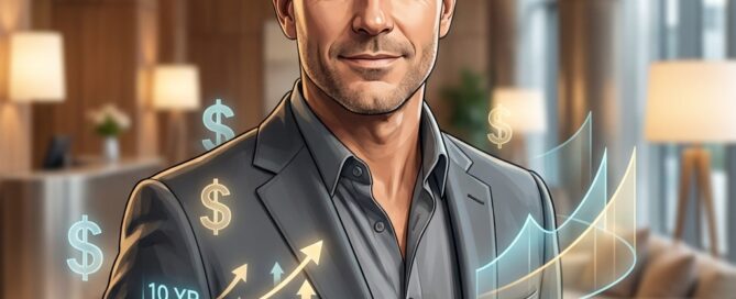 Confident man with full hairstyle surrounded by value and cost comparison graphics illustrating scalp micropigmentation price over time