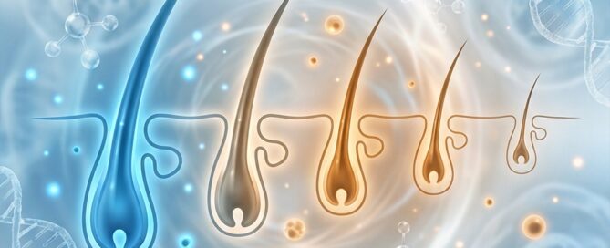 Stylized illustration showing androgenetic alopecia causes including follicle miniaturization and DHT progression stages