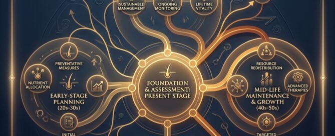 Conceptual illustration of a lifetime hair restoration planning strategy with a glowing blueprint roadmap design