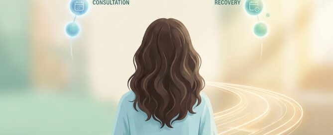 Illustrated timeline showing hair transplant donor area recovery journey with milestone markers and warm healing light