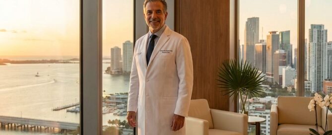 Hair transplant Miami Florida specialist surgeon consulting in a prestigious Brickell medical office overlooking the city skyline