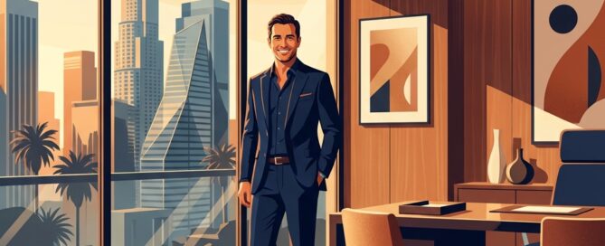 Confident man in modern Brickell Miami medical office symbolizing expert FUE hair transplant Miami care