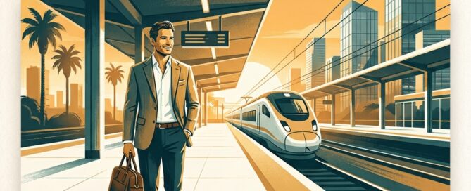 Confident man at a modern South Florida train station, representing accessible hair transplant options near Fort Lauderdale