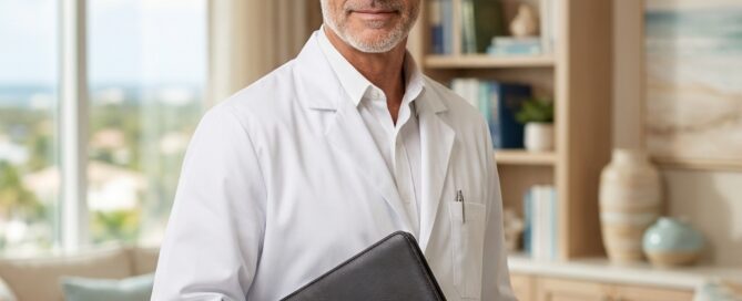 Board-certified hair transplant surgeon in Boca Raton reviewing credentials in a modern upscale medical office