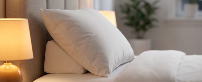 Elevated pillow setup for hair transplant sleeping position during first week recovery in a calm bedroom