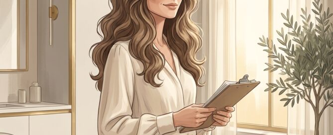 Confident woman reviewing her female hair transplant candidacy assessment in a modern medical consultation setting