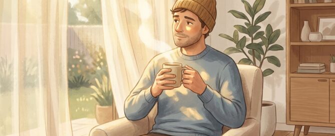Man resting peacefully at home during hair transplant first week recovery, looking hopeful by a sunlit window.