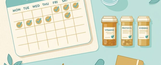 Illustrated compliance calendar with medication bottles representing hair transplant alcohol and medication restrictions protocol