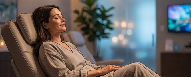 Person relaxing calmly in a modern medical chair, representing a comfortable hair transplant local anesthesia experience
