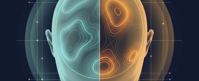 Conceptual illustration showing telogen effluvium versus androgenetic alopecia differences as overlapping scalp pattern maps