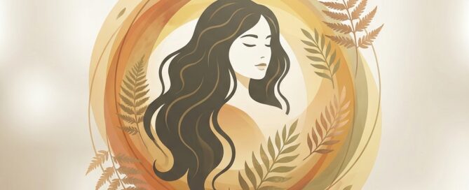 Woman with healthy flowing hair surrounded by renewal motifs representing recovery from hair loss after stress causes
