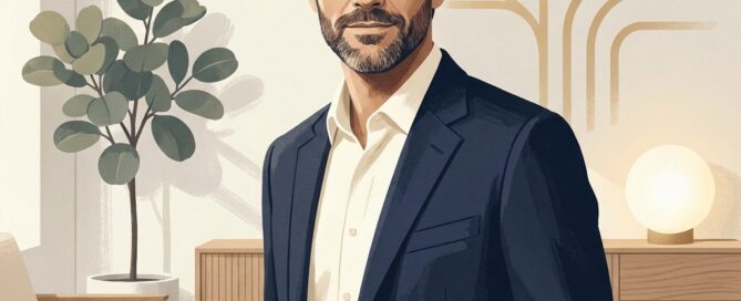 Confident man with restored hairline in a modern consultation setting, representing personalized FUE versus FUT hair transplant decisions.