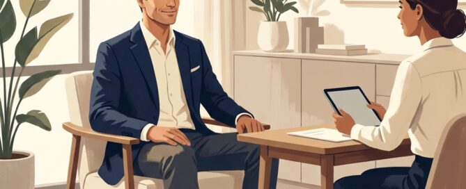 Man feeling confident during a hair transplant consultation in a modern, welcoming clinic setting