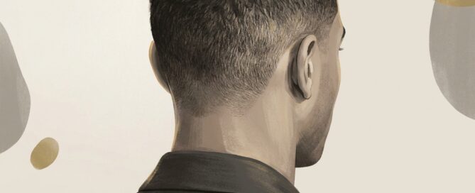 Illustration showing close-cropped hair on the back of a man's head, representing hair transplant scar visibility after FUE