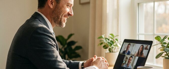 Man confidently booking a hair restoration virtual consultation online via laptop video call