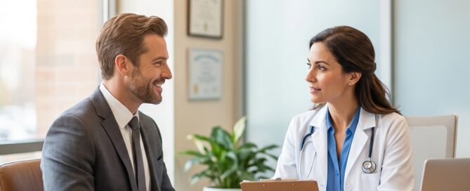 Man consulting with a qualified hair transplant surgeon, representing key hair transplant questions to ask your surgeon