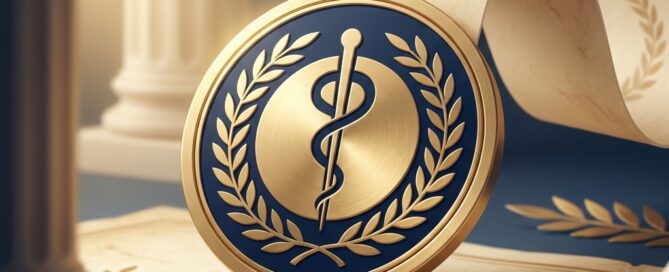 Gold medical board seal and laurel wreath symbolizing hair transplant surgeon past president medical board recognition