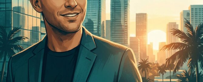 Confident man with sharp buzz-cut hairstyle against Miami Brickell skyline, representing scalp micropigmentation Miami Florida results.