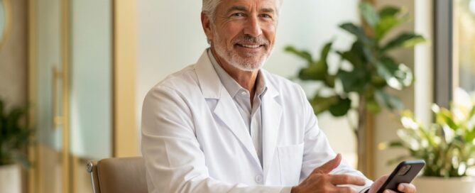 Doctor holding phone for direct hair transplant consultation with Dr. Charles at Charles Medical Group