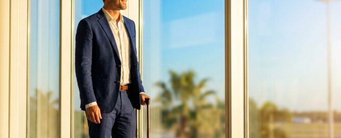 Out-of-state patient arriving in Florida for a hair transplant journey, standing confidently in a sunlit airport terminal.
