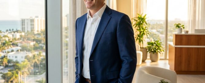 Confident man in modern Florida medical office setting representing Charles Medical Group hair restoration results