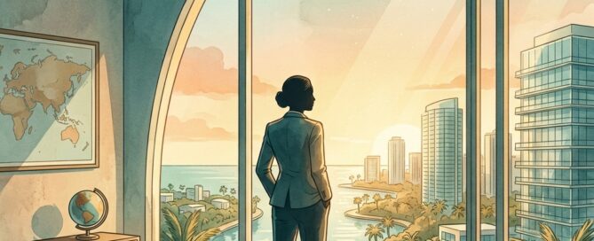 International patient arriving in Florida for hair transplant services, overlooking sunny coastal cityscape with confidence