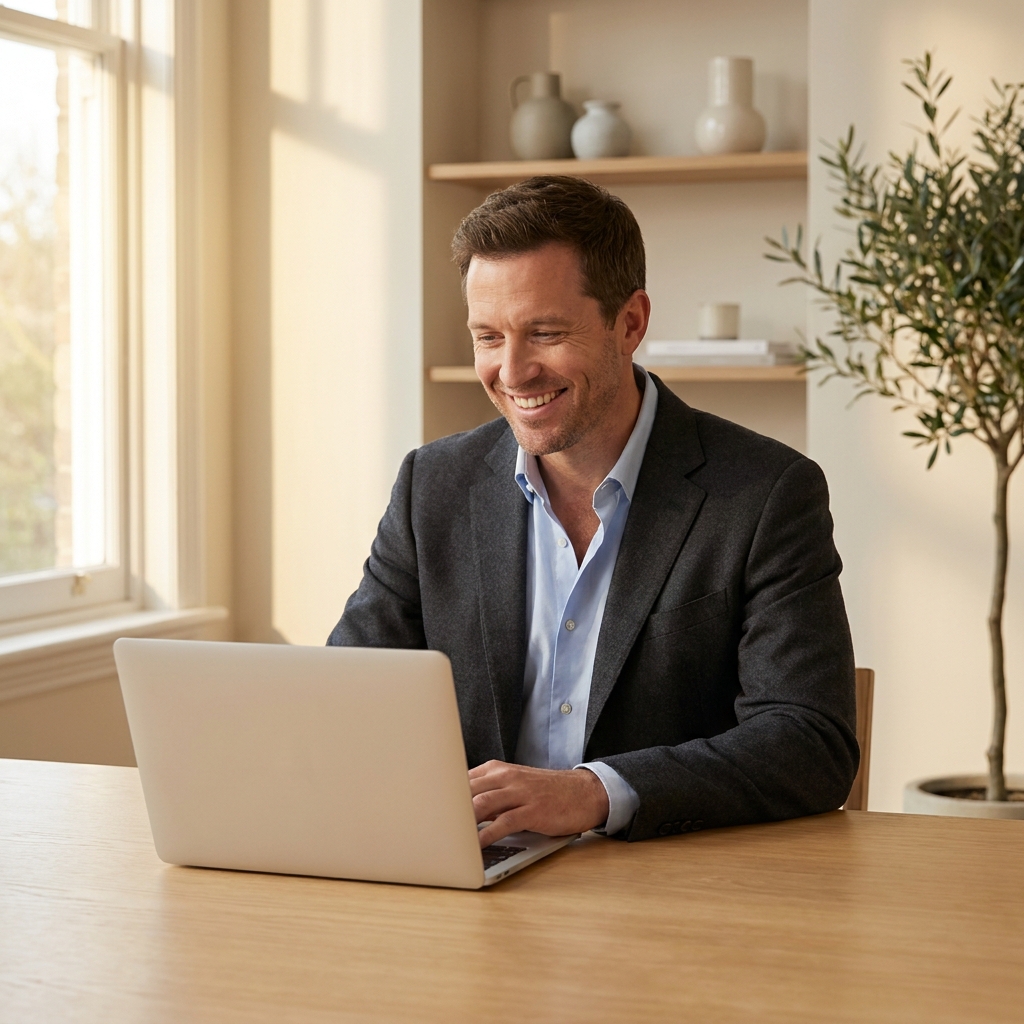 Man booking a virtual online hair transplant consultation on a laptop in a modern home office setting
