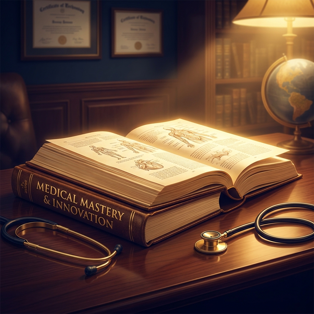 Open medical textbook on a professional desk, symbolizing a hair transplant surgeon who wrote the textbook on the field.