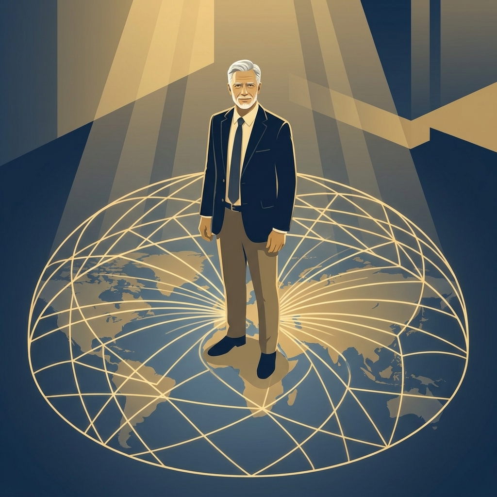 Hair transplant surgeon training other surgeons worldwide, depicted as a confident physician at the center of a global network