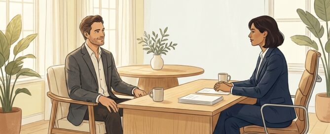 Man having a relaxed hair restoration clinic open consultation no commitment conversation in a modern medical office