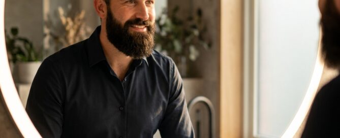 Confident man with full natural beard reflecting the results of a beard transplant procedure