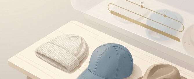 Various hats arranged with a timeline graphic illustrating hair transplant hat wearing restrictions after procedure