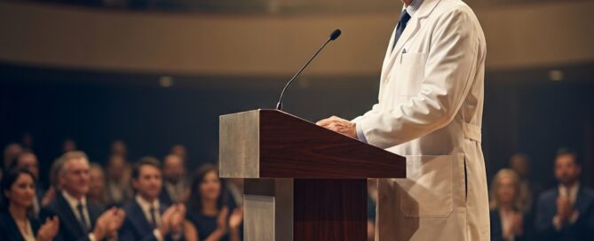 Hair transplant surgeon ISHRS annual conference speaker at podium, recognized by peers as elite faculty lecturer