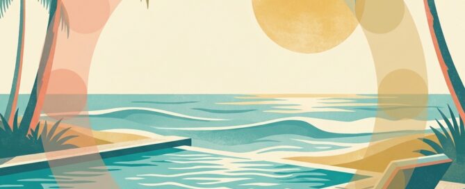 Florida pool and ocean scene illustrating hair transplant swimming restrictions after procedure with timeline concept