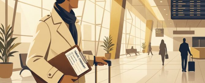 Hair transplant out of town patient planning a trip, standing confidently in a modern airport with travel checklist