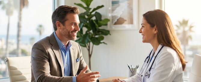 Patient consulting with hair restoration specialist at a modern Boca Raton clinic for a hair transplant appointment