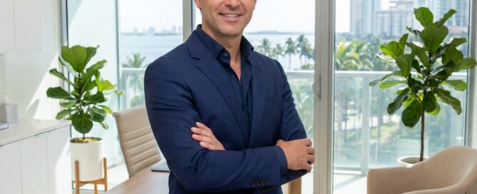 Confident man in a modern Miami Brickell consultation office for a hair transplant appointment