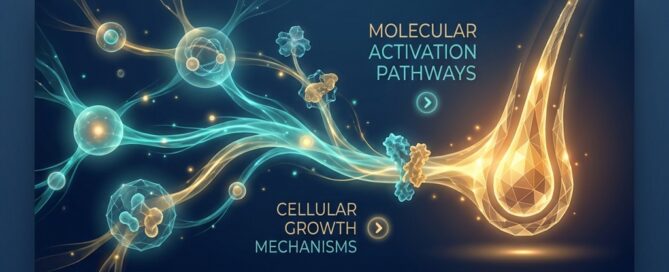 Stylized molecular pathway illustration representing minoxidil mechanism of action and how Rogaine grows hair at the cellular level.