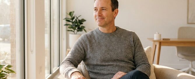 Relaxed patient experiencing comfort and confidence during hair transplant post-operative recovery consultation