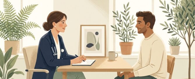 Doctor and patient in warm consultation setting, representing hair transplant patient follow-up care and ongoing support