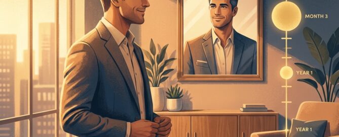 Man confidently checking his hair in mirror, representing hair transplant recovery timeline milestones back to normal activities