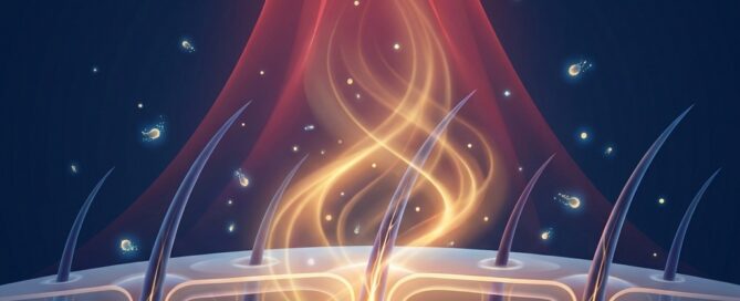 Conceptual illustration of low level laser therapy hair loss treatment showing light energy activating hair follicles